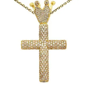14k Yellow Gold Diamond Cross Pendant with Crown 14 Ctw