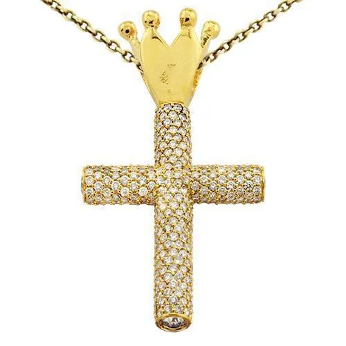 14k Yellow Gold Diamond Cross Pendant with Crown 14 Ctw