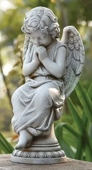 17"H Seated Angel on Pedestal Garden Statue