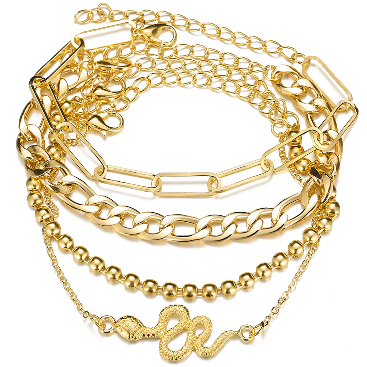 18K Gold-Plated Cable Chain Snake Anklet Set