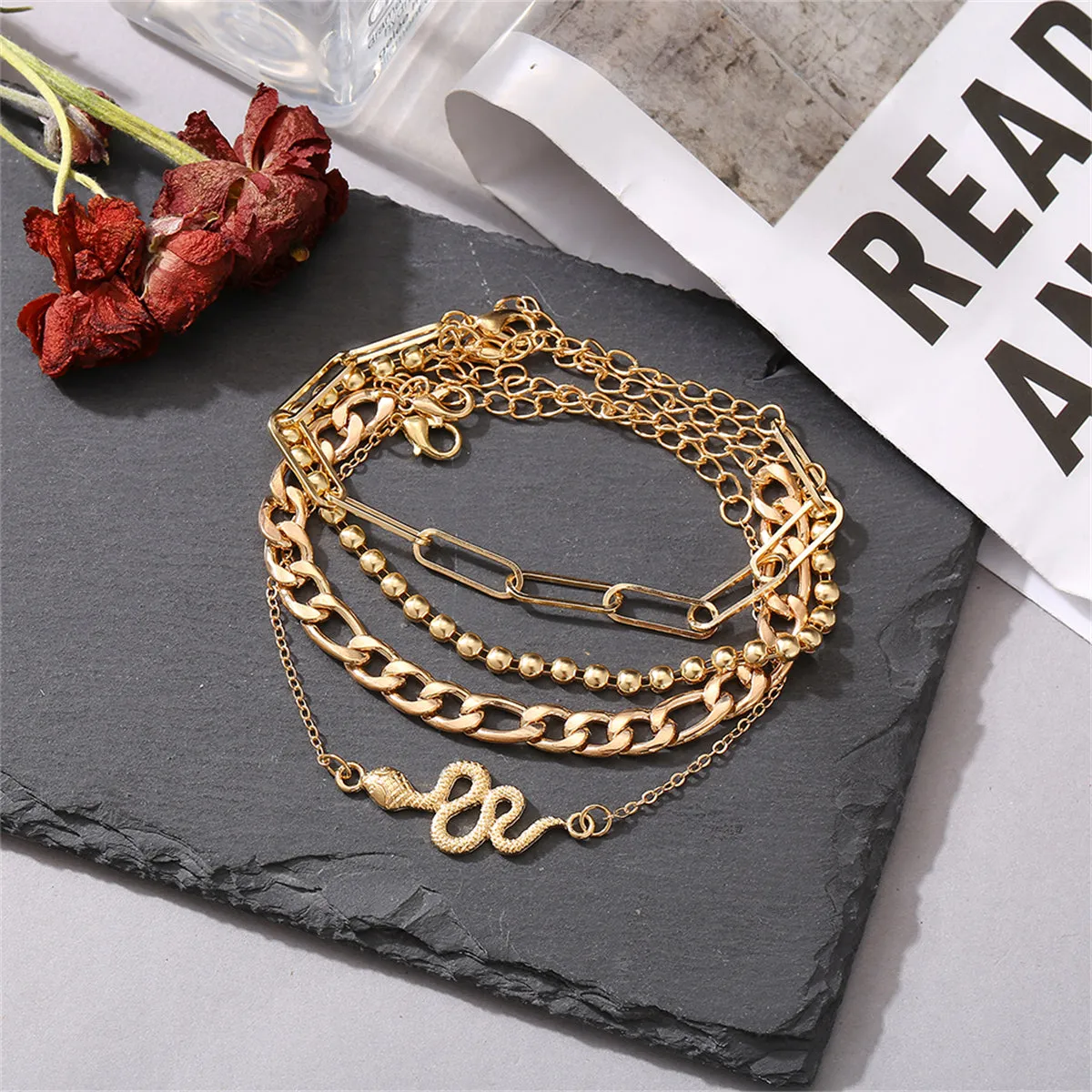 18K Gold-Plated Cable Chain Snake Anklet Set