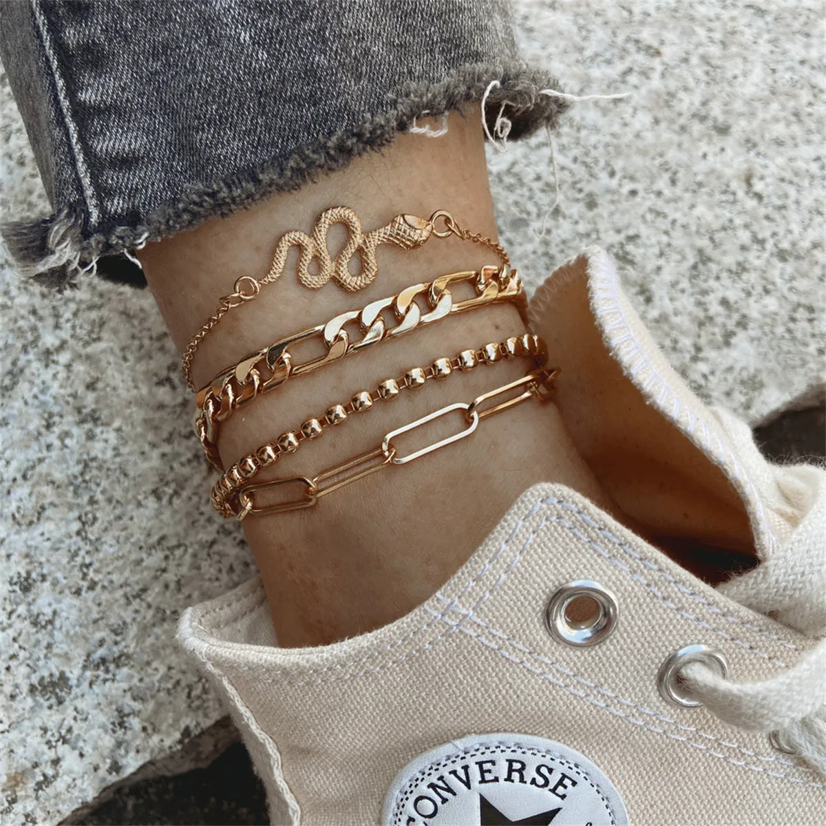 18K Gold-Plated Cable Chain Snake Anklet Set
