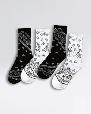 (2 Pack) Bandana paisley Mid Tube Socks, 1 White Pair   1 Black Pair