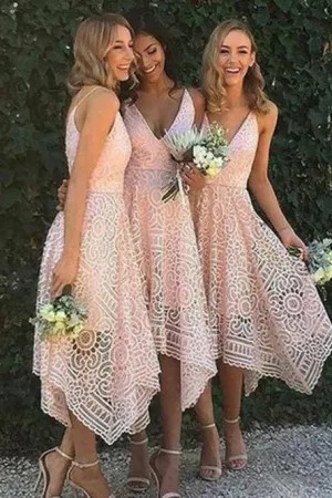 A-Line Spaghetti Straps Sleeveless Asymmetry Pink Lace Bridesmaid Dress OHS008