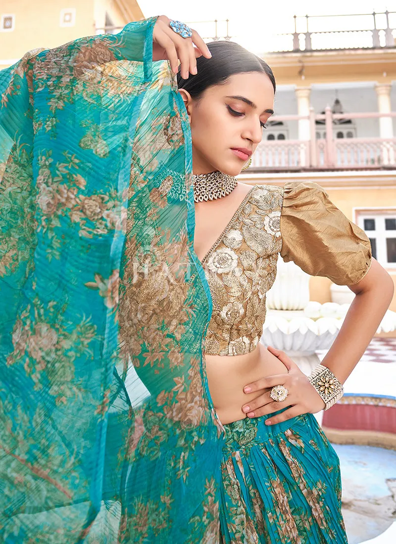 Aqua Blue And Beige Embroidered Festive Lehenga Choli