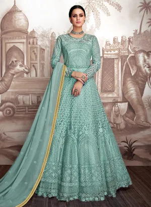 Aqua Blue Multi Embroidered Designer Anarkali Suit