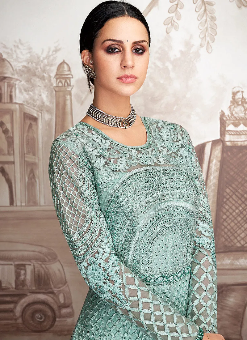 Aqua Blue Multi Embroidered Designer Anarkali Suit