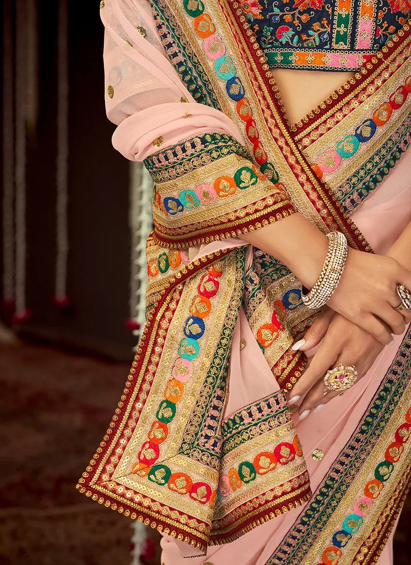 Baby Pink Multi Embroidered Designer Georgette Saree