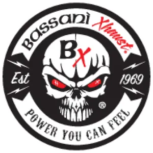 Bassani Manufacturing 1527RB 4in. Slip-On Megaphone Slip-On Muffler - Black with Black Billet End Caps and Contrasting Flutes