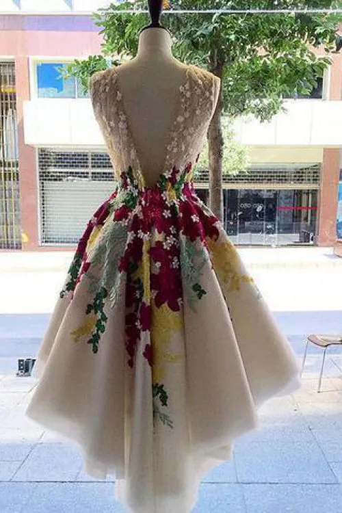Beautiful High Low Homecoming Dresses Sleeveless Tulle Embroidery Short Prom Dress Party Dress OHM124