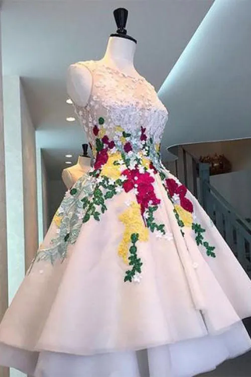 Beautiful High Low Homecoming Dresses Sleeveless Tulle Embroidery Short Prom Dress Party Dress OHM124