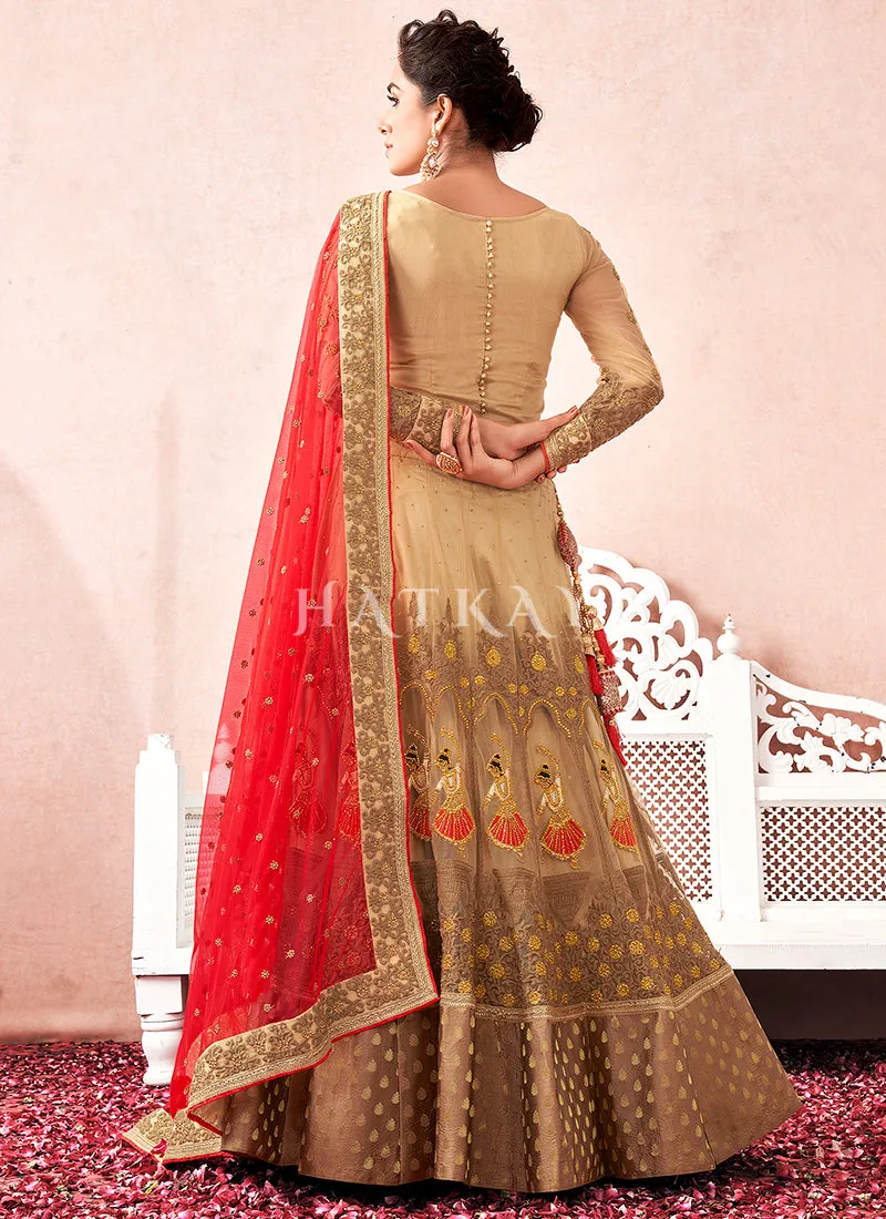 Beige And Red Multi Embroidered Traditional Lehenga Choli