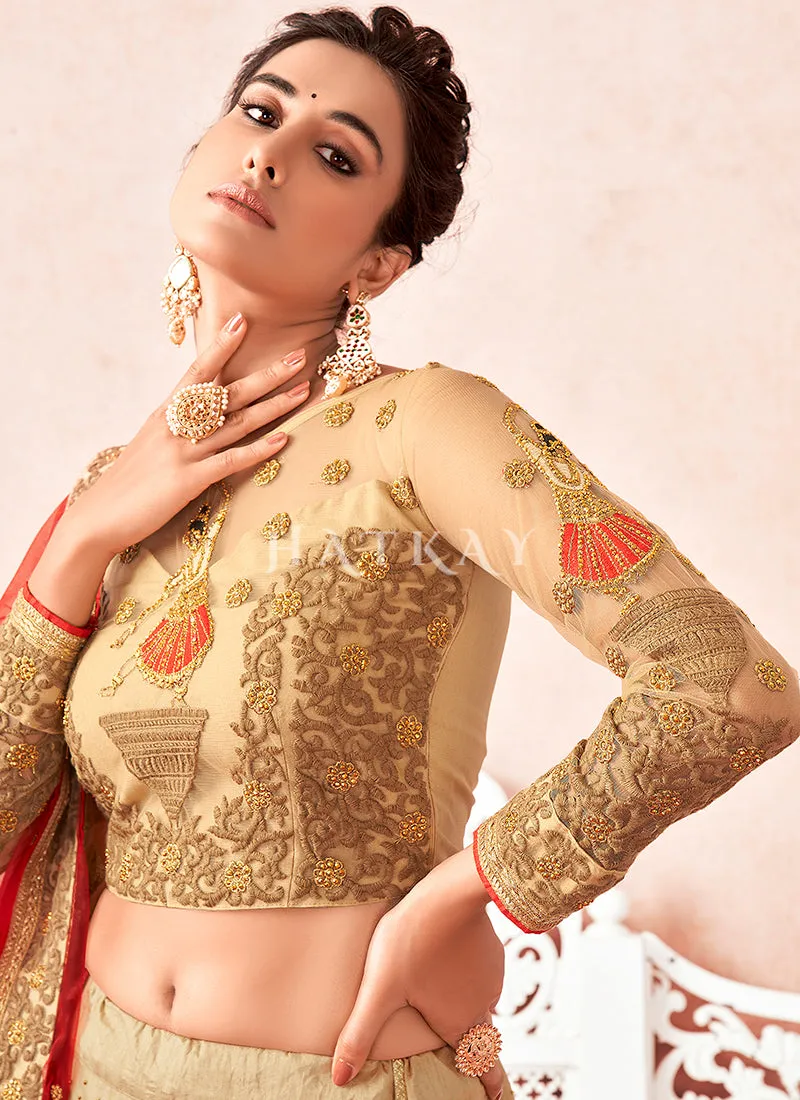 Beige And Red Multi Embroidered Traditional Lehenga Choli