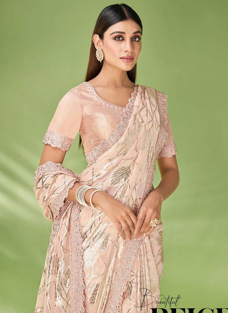 Beige Designer Georgette Embroidered Festive Saree