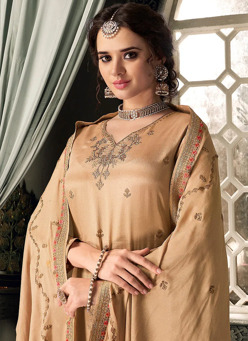 Beige Embroidered Designer Palazzo Suit