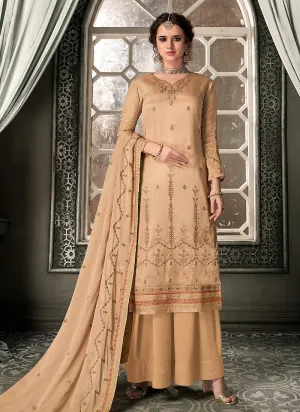 Beige Embroidered Designer Palazzo Suit