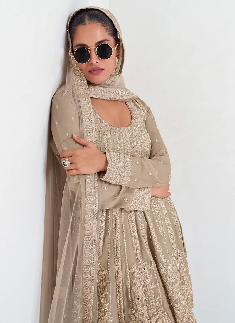 Beige Embroidery Designer Sharara Style Suit