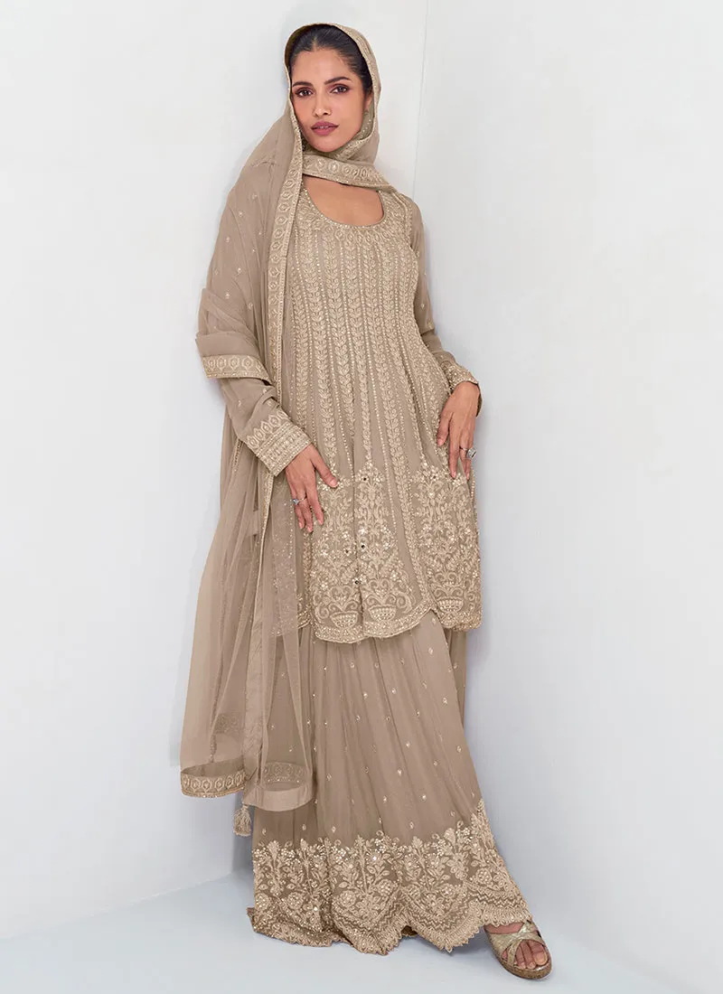 Beige Embroidery Designer Sharara Style Suit