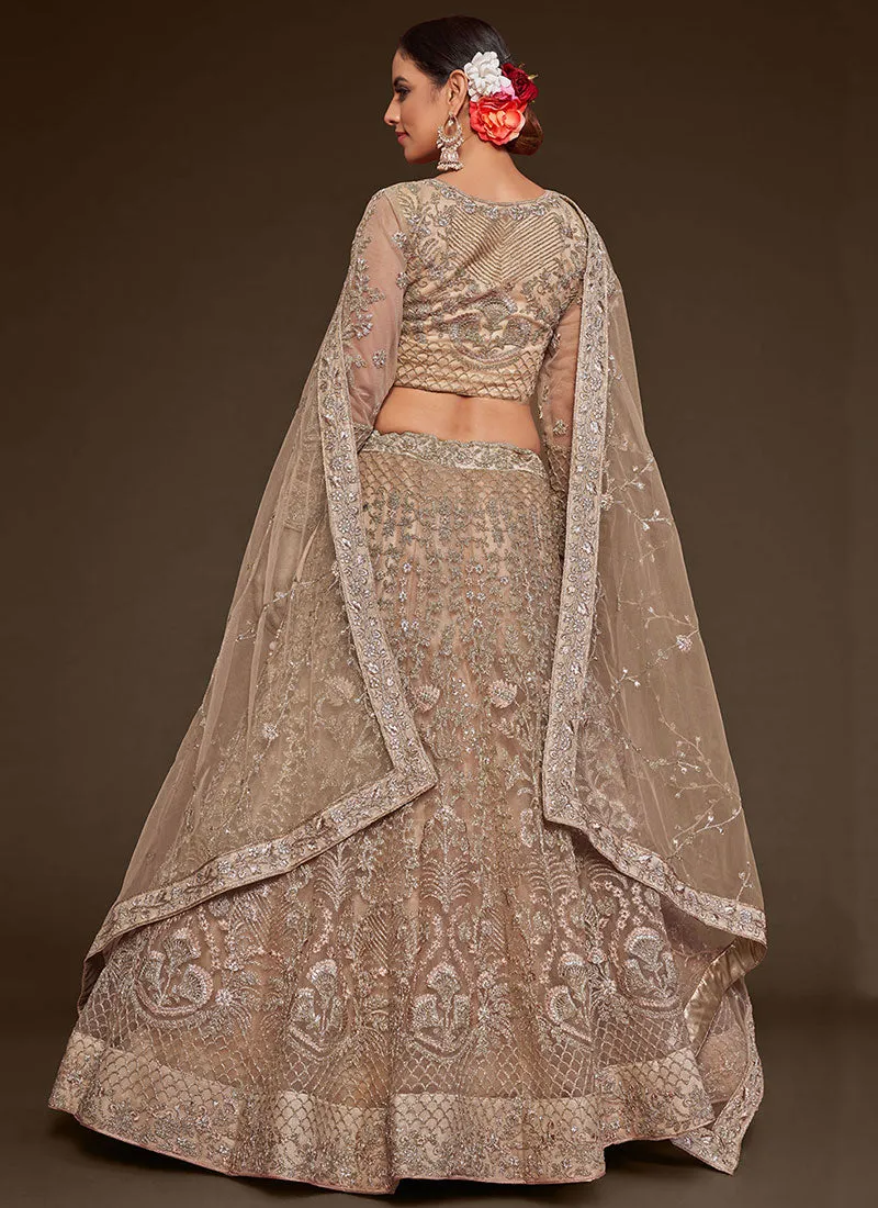Beige Golden Resham Thread Embroidery Lehenga Choli And Dupatta