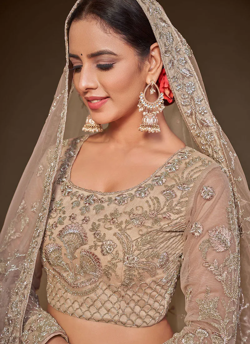 Beige Golden Resham Thread Embroidery Lehenga Choli And Dupatta
