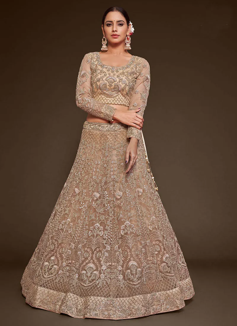 Beige Golden Resham Thread Embroidery Lehenga Choli And Dupatta