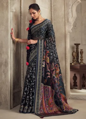 Black And Grey Traditional Embroidery Organza Silk Saree