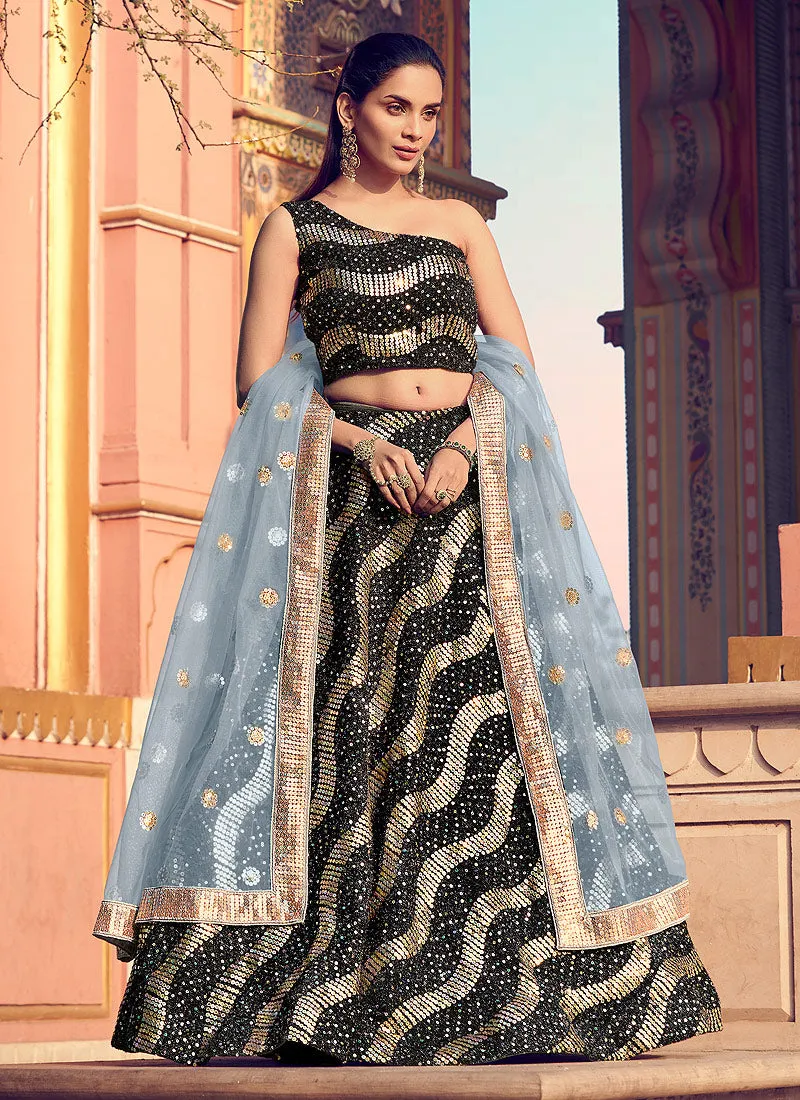 Black And Teal Sequence Embroidered Lehenga Choli