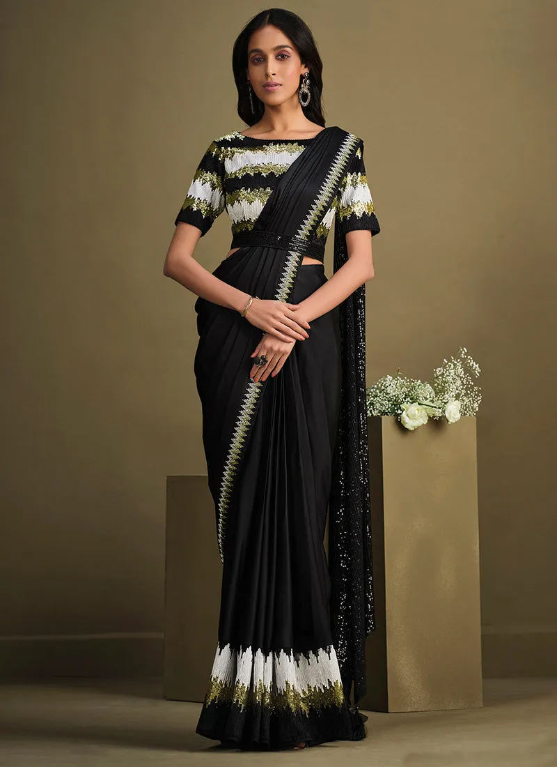 Black And White Sequence Embroidery Designer Saree
