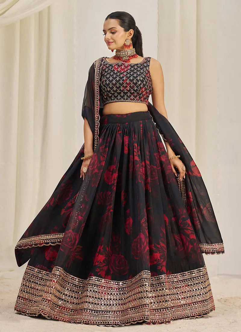 Black Floral Printed Embroidery Lehenga Choli