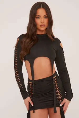 Black Knot Detail Crop Top & Mini Skirt Set - Isabel