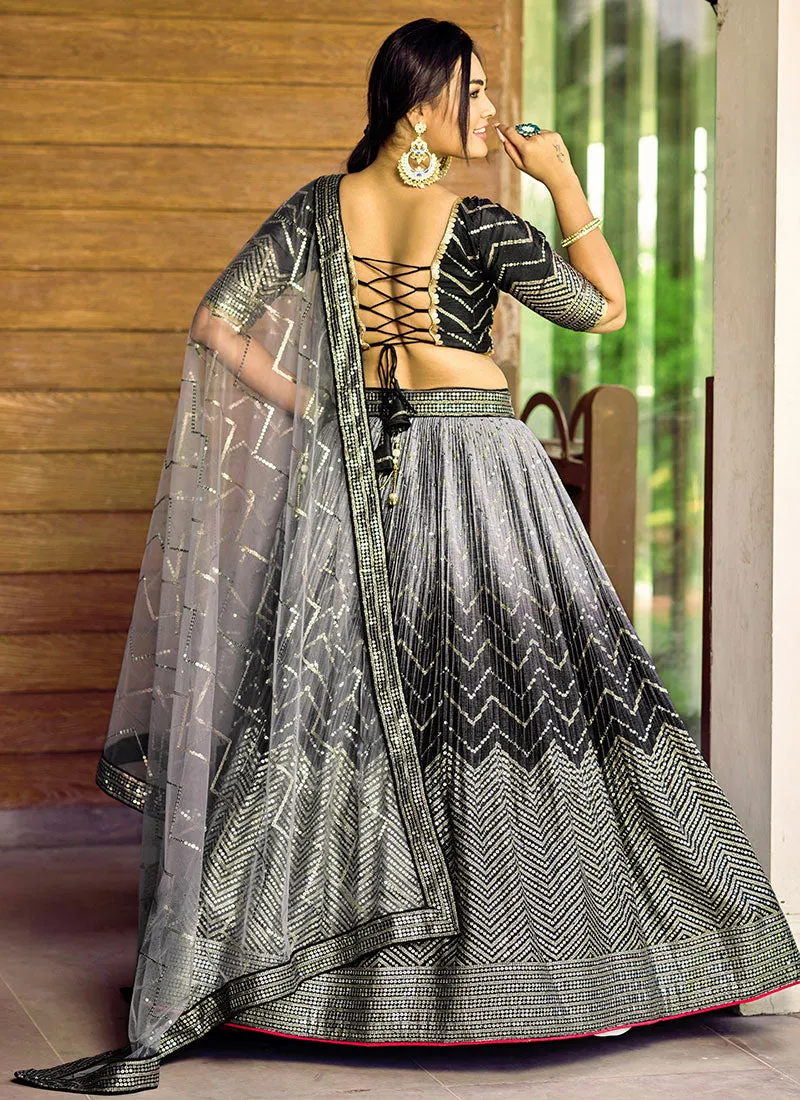 Black Ombré Sequence And Thread Embroidery Wedding Lehenga
