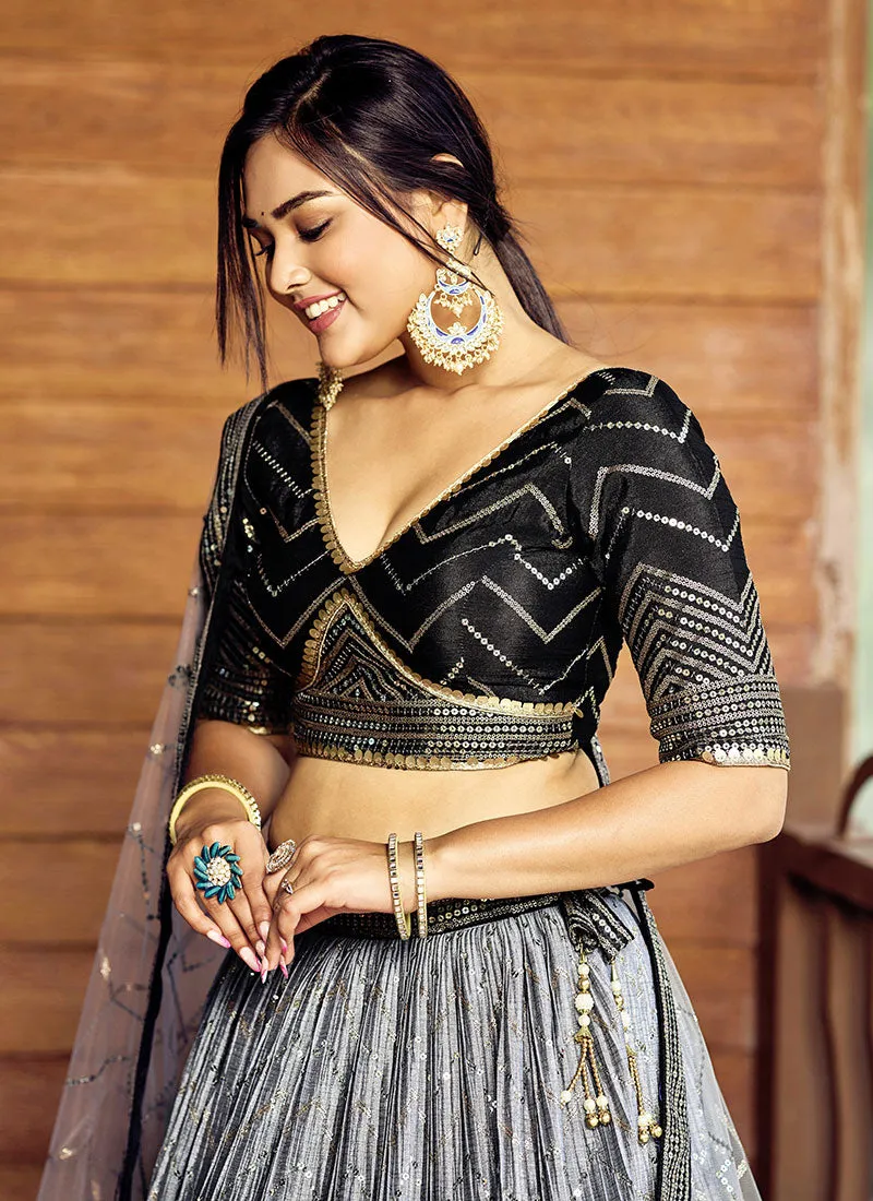 Black Ombré Sequence And Thread Embroidery Wedding Lehenga
