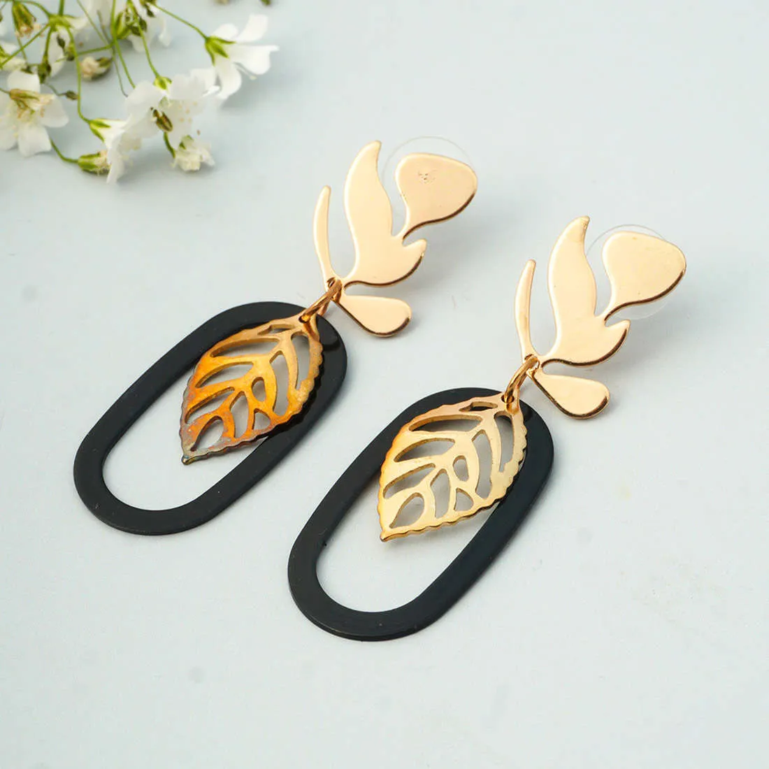 Black Ring Gold Leaf Earrings