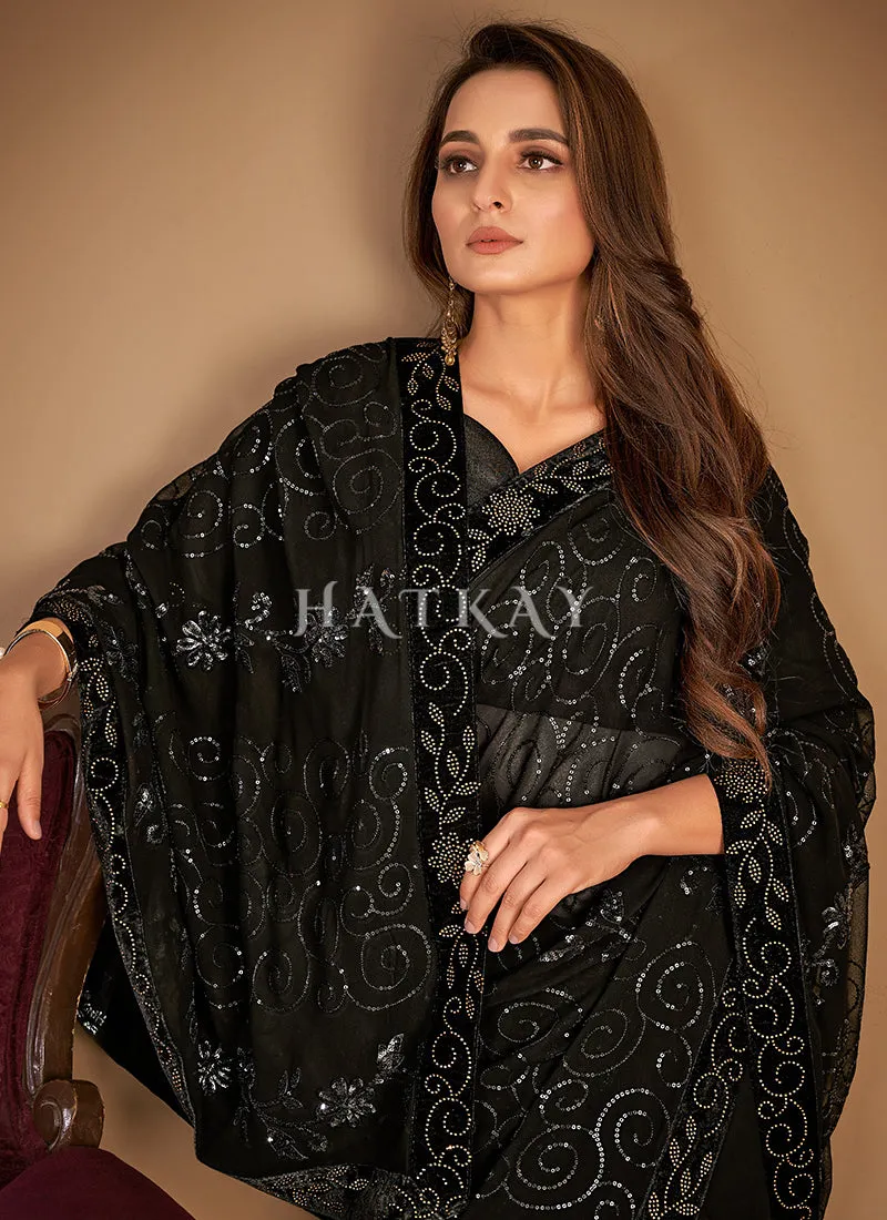 Black Sequence Embroidery Georgette Saree