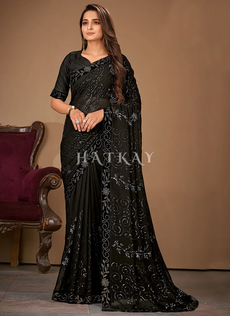 Black Sequence Embroidery Georgette Saree