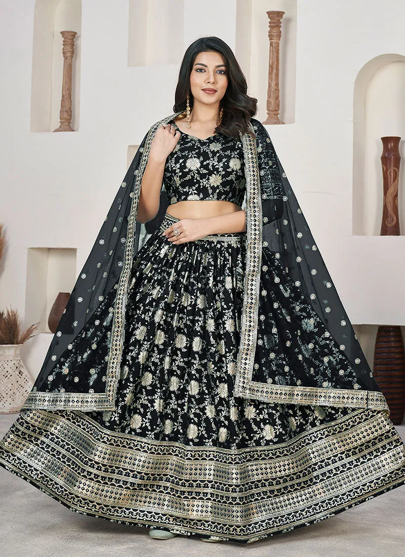 Black Sequence Embroidery Jacquard Lehenga Choli