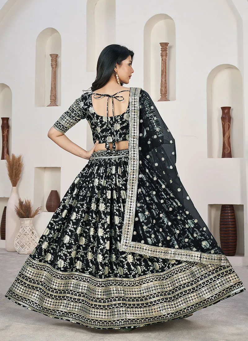 Black Sequence Embroidery Jacquard Lehenga Choli