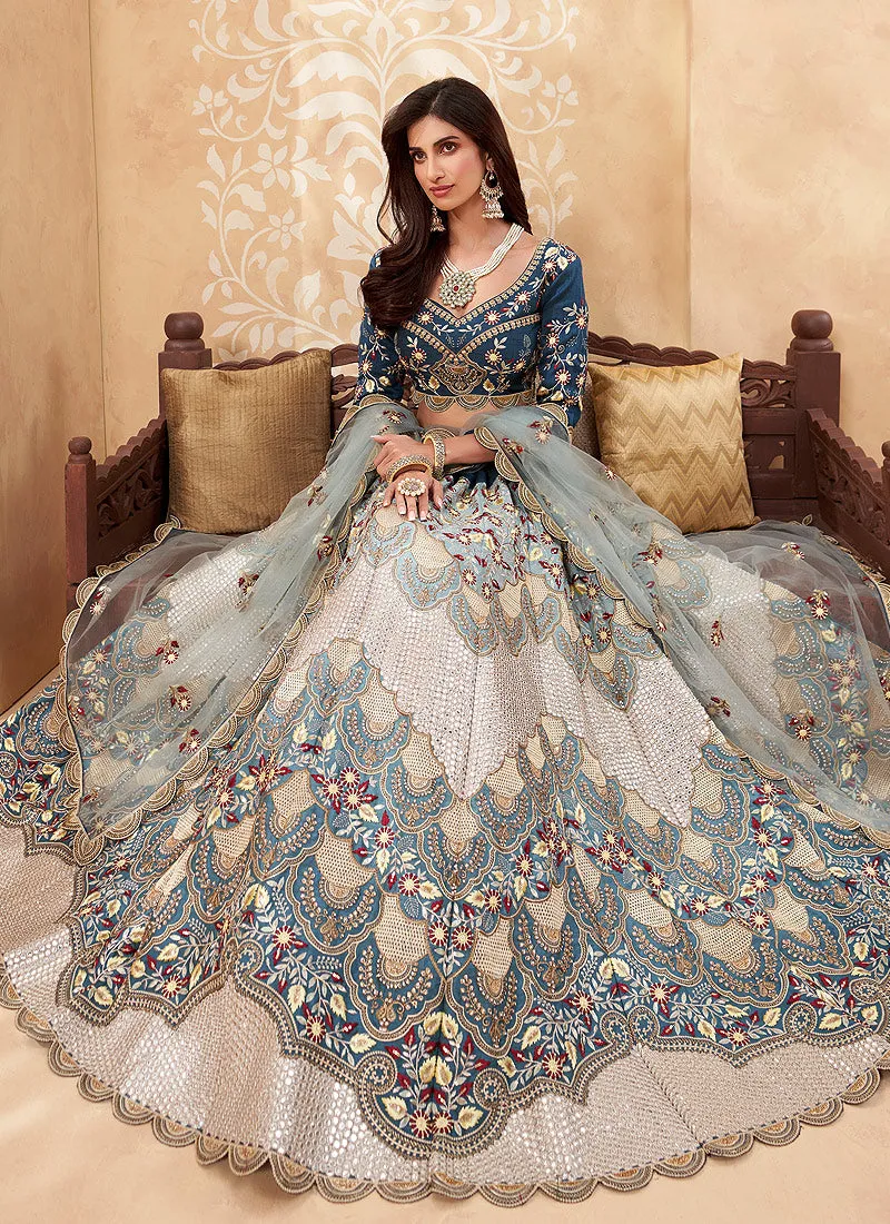 Blue And Peach Multi Embroidered Designer Weddinng Lehenga Choli