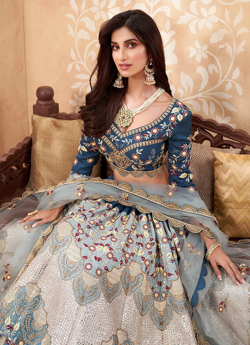 Blue And Peach Multi Embroidered Designer Weddinng Lehenga Choli