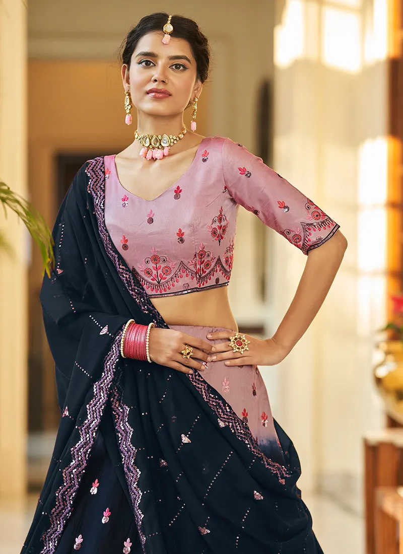 Blue And Pink Multi Embroidery Ombré Silk Lehenga Choli