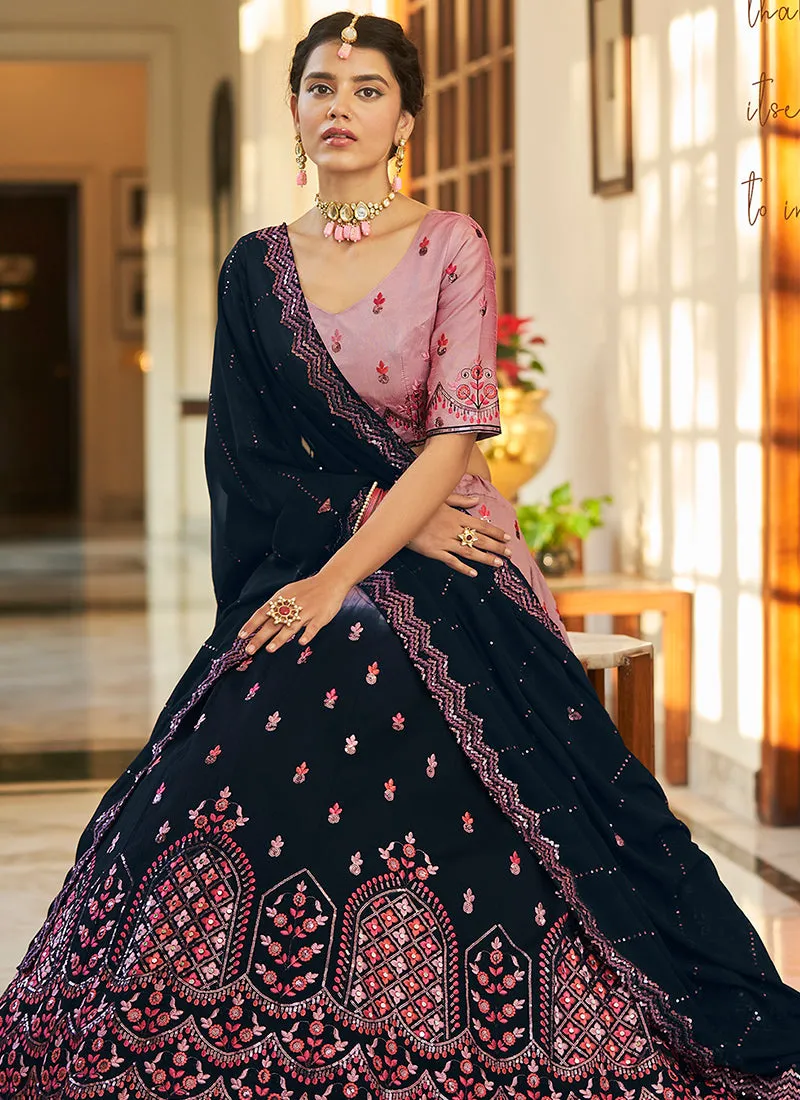 Blue And Pink Multi Embroidery Ombré Silk Lehenga Choli