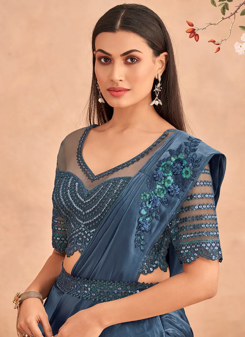 Blue Appliqué And Sequence Embroidery Lehenga Saree