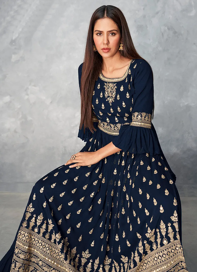 Blue Golden Embroidered Designer Palazzo Suit