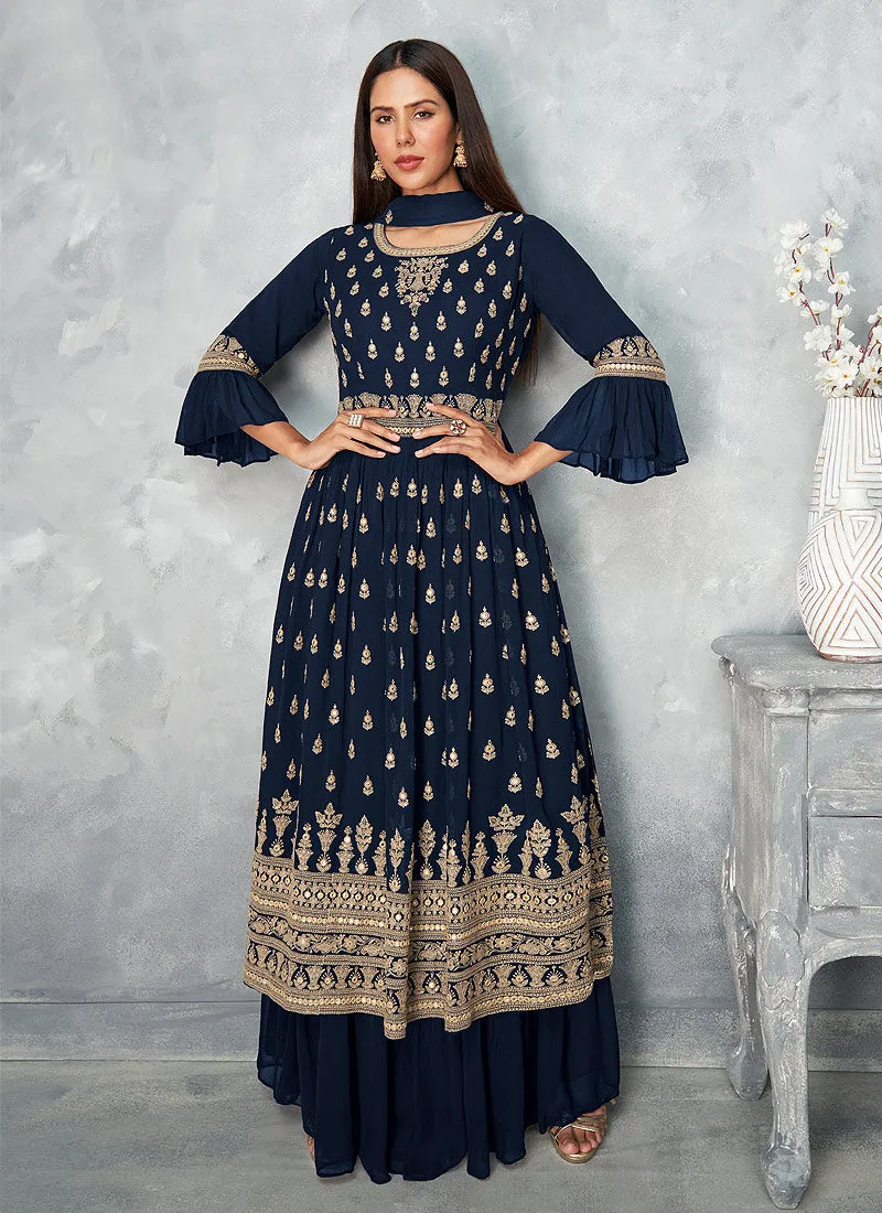 Blue Golden Embroidered Designer Palazzo Suit