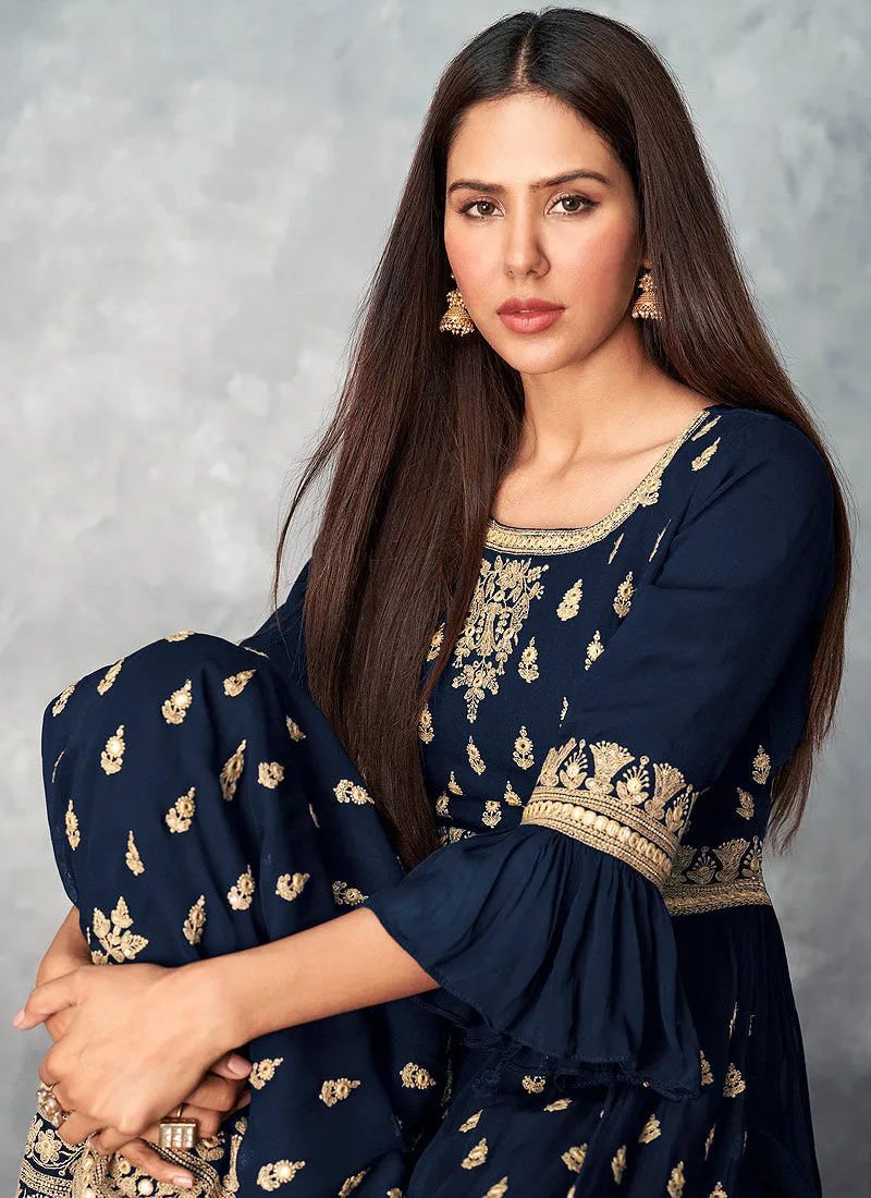 Blue Golden Embroidered Designer Palazzo Suit