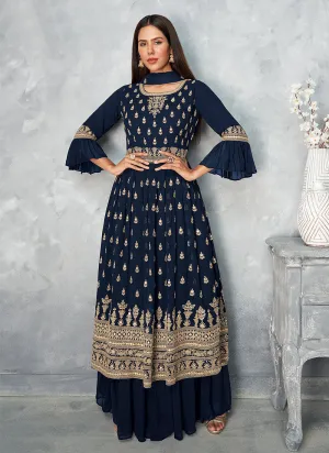 Blue Golden Embroidered Designer Palazzo Suit