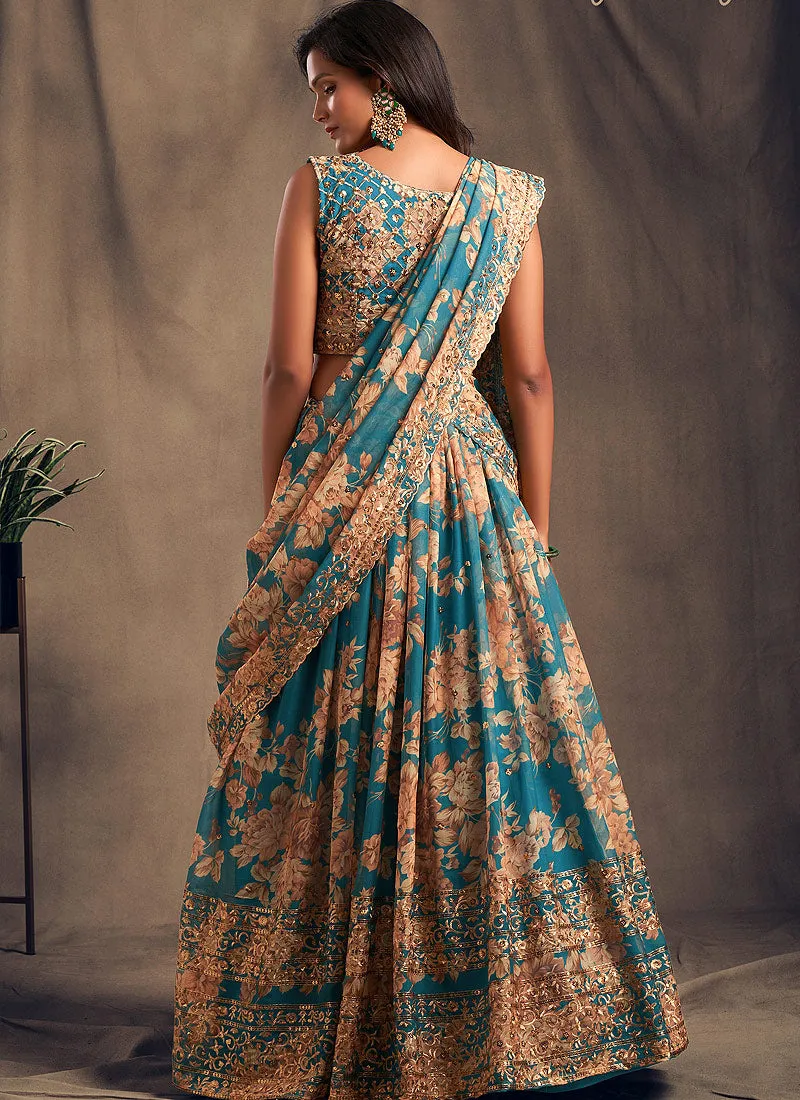Blue Golden Floral Printed Lehenga Choli