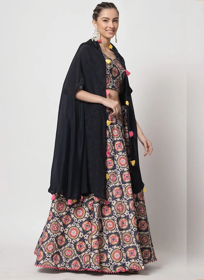 Blue Multi Sequence Embroidery Digital Printed Lehenga Choli