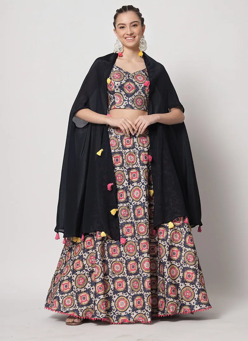 Blue Multi Sequence Embroidery Digital Printed Lehenga Choli