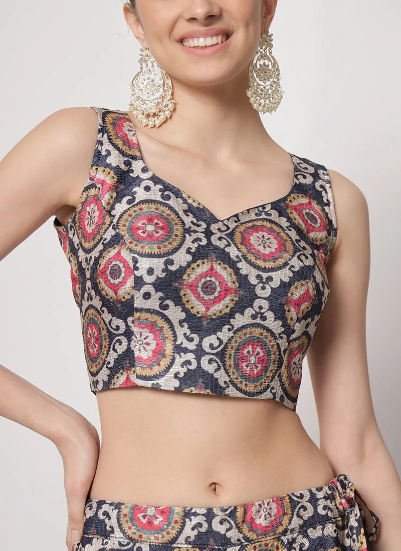 Blue Multi Sequence Embroidery Digital Printed Lehenga Choli
